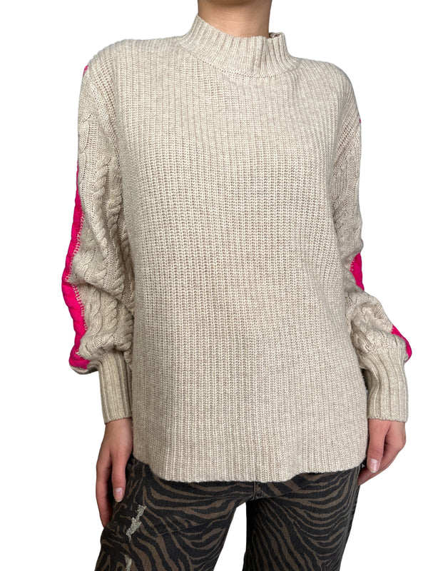 Sweater Beige Franja Fucsia