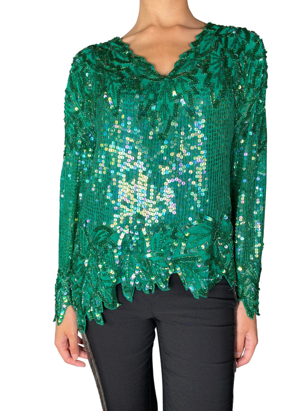 Blusa Seda Verde Lentejuelas