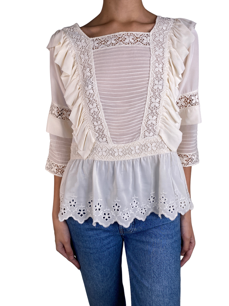 Blusa Seda Bordada Con Vuelos