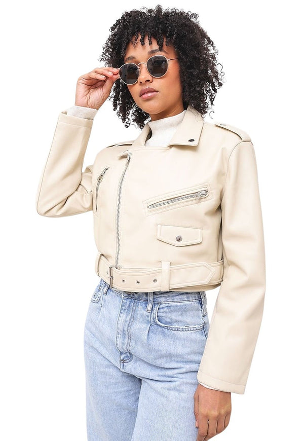 Chaqueta Topshop Faux Leather Cropped Biker Jacket Beige - Calce Regular