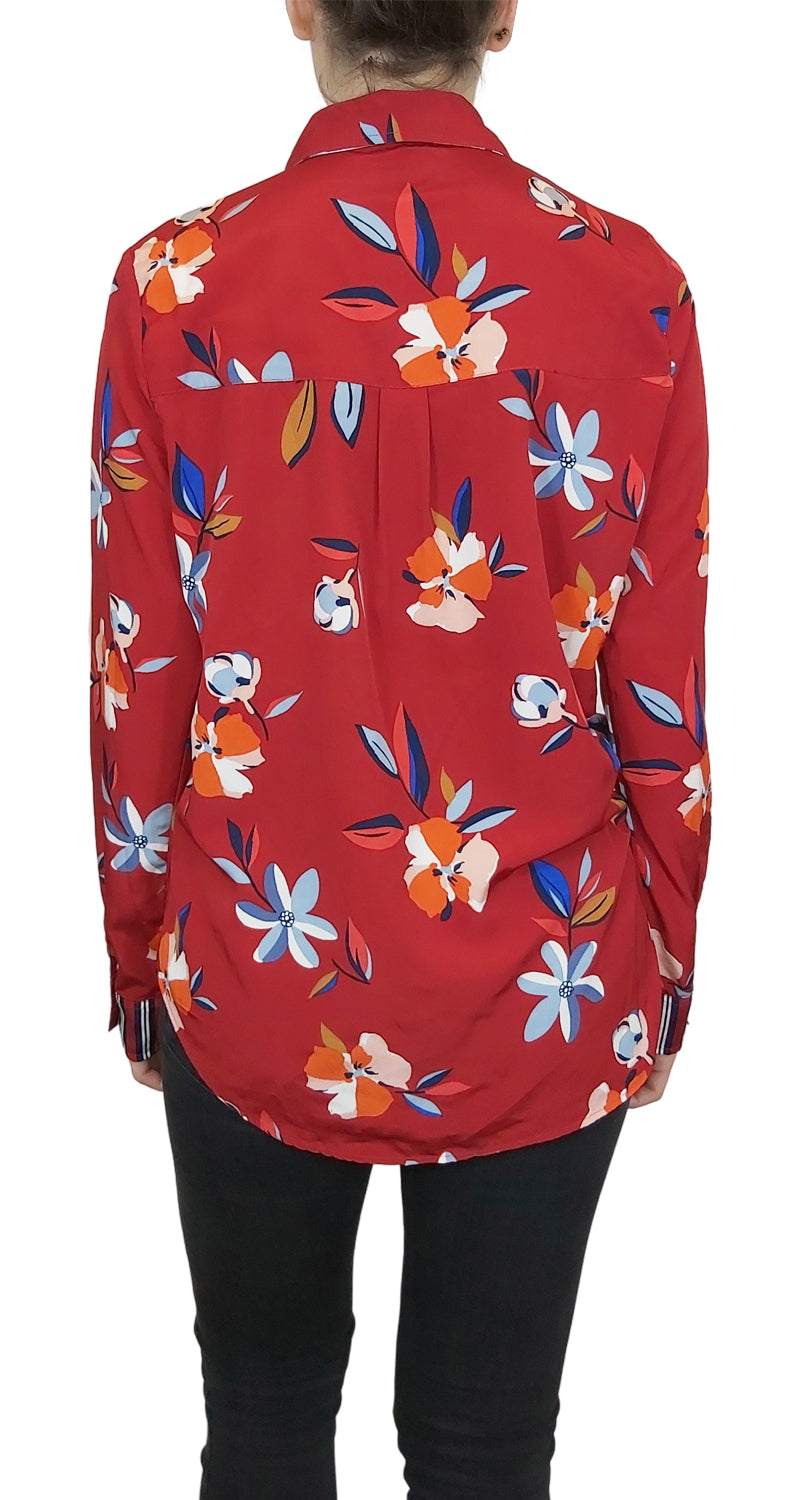 Blusa Roja Floral con Lazo en Cuello