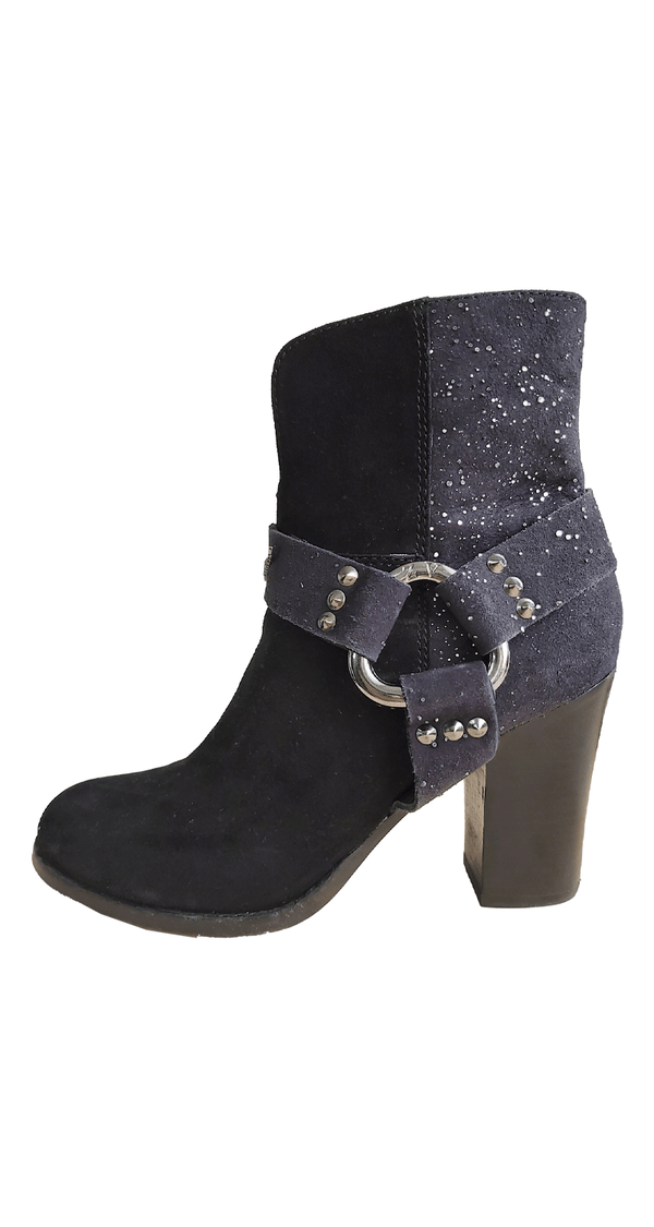 Black Suede - Glitter Spikes Belt Ankle