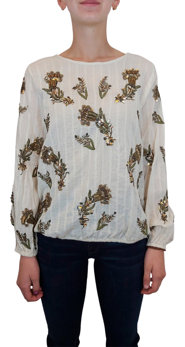 Beaded Sequin Floral Gauzy Blouse