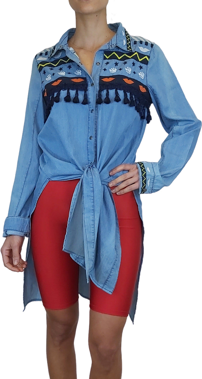 Blusa Larga Denim Bordada