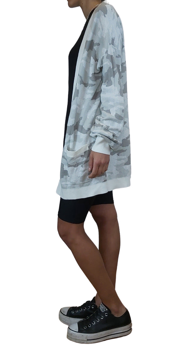 Camo Balloon Sleeve Cardigan Gray Print