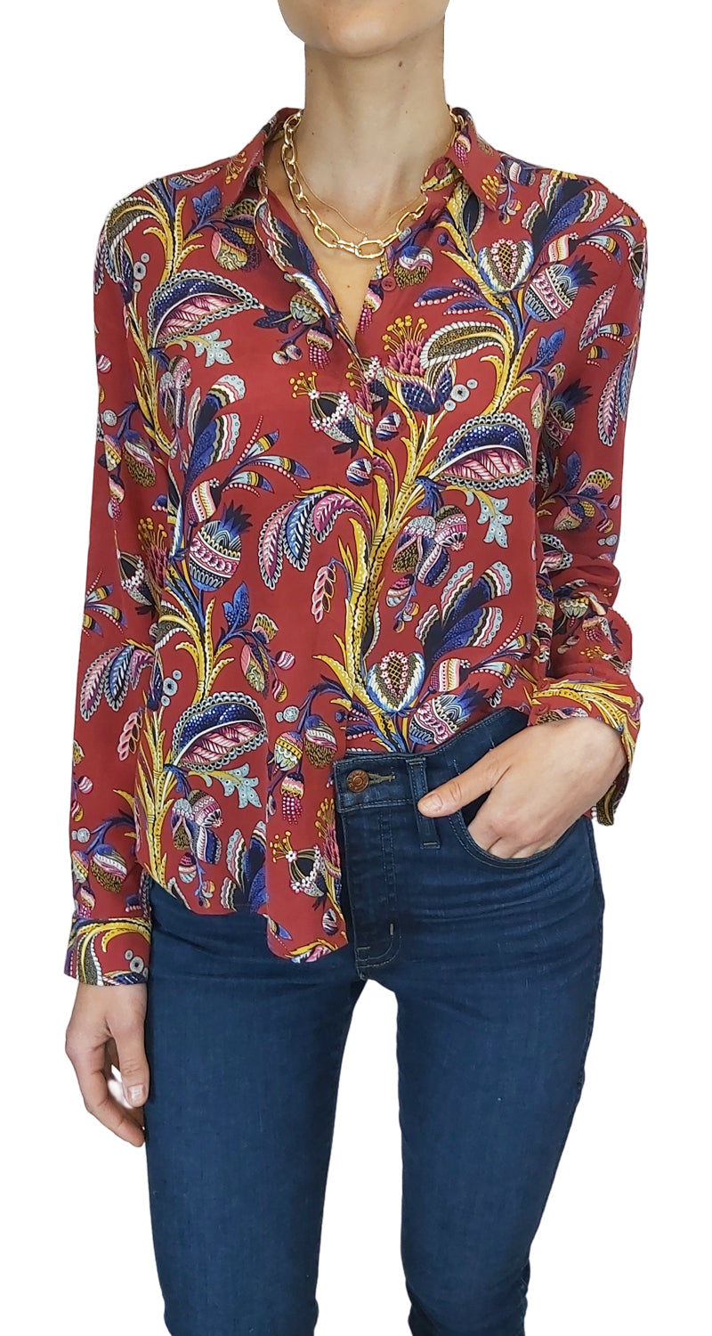 Blusa Burdeo Floral Seda