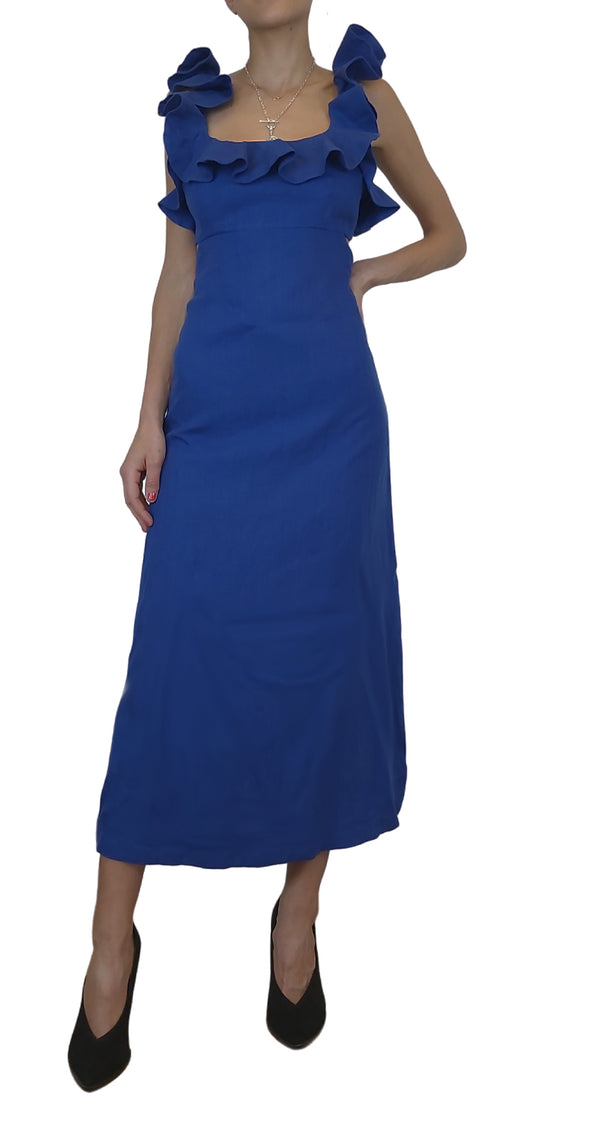 Vestido Maxi Azul Volantes Escote