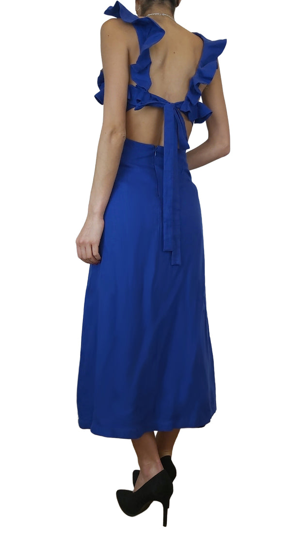 Vestido Maxi Azul Volantes Escote