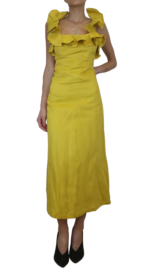 Vestido Maxi Mostaza Volantes Escote